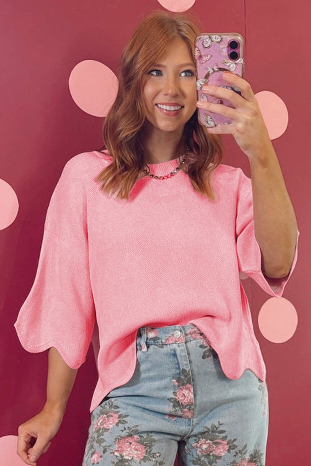 Solid Scalloped Hem 3/4 Sleeve Sweater Top