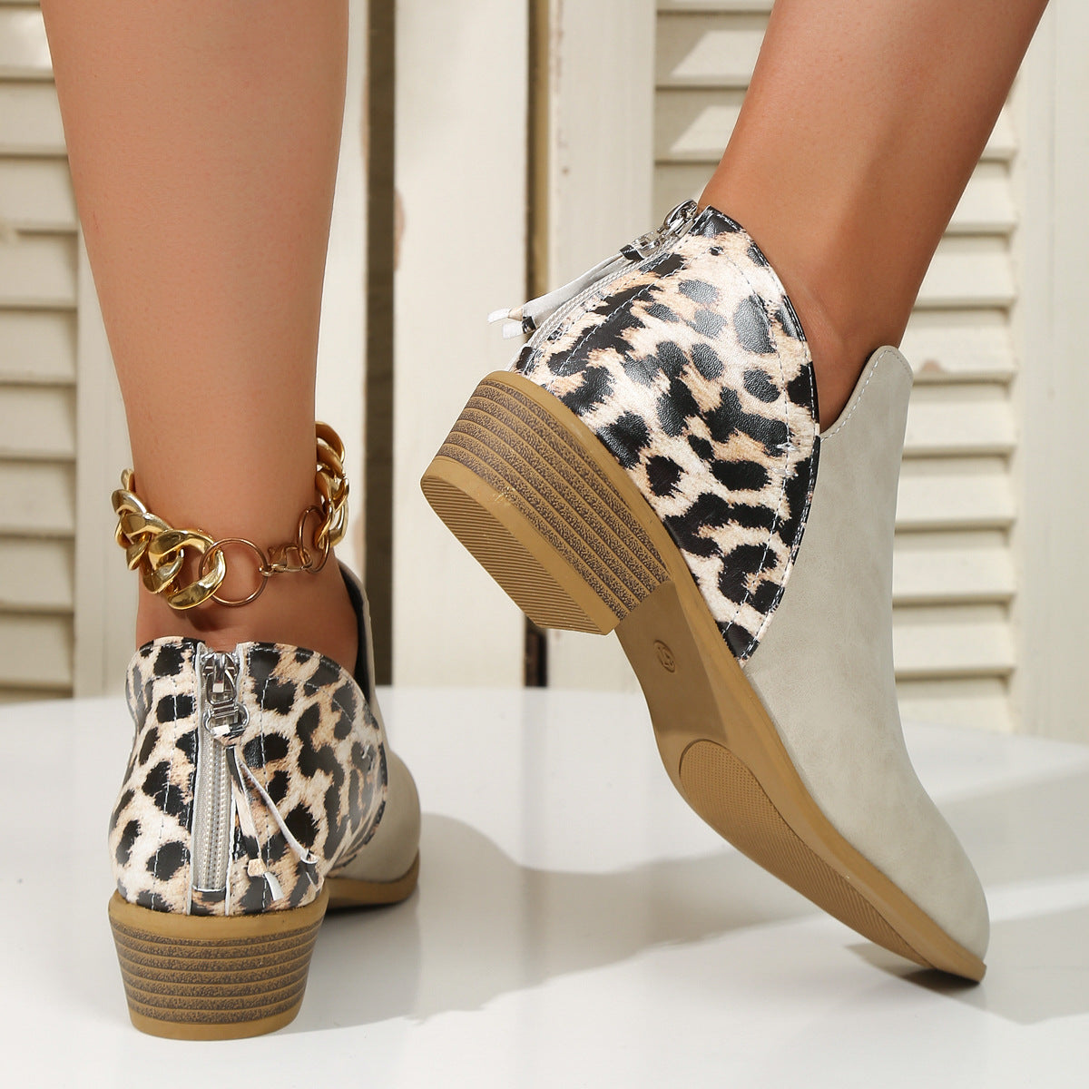Women's Leopard Print Chunky Heel Boots | Pointed Toe Back Zipper Suede by Sarah Express