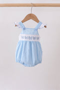 Blue Bow Smocked Embroidered Jacquard Bubble by Abby & Evie
