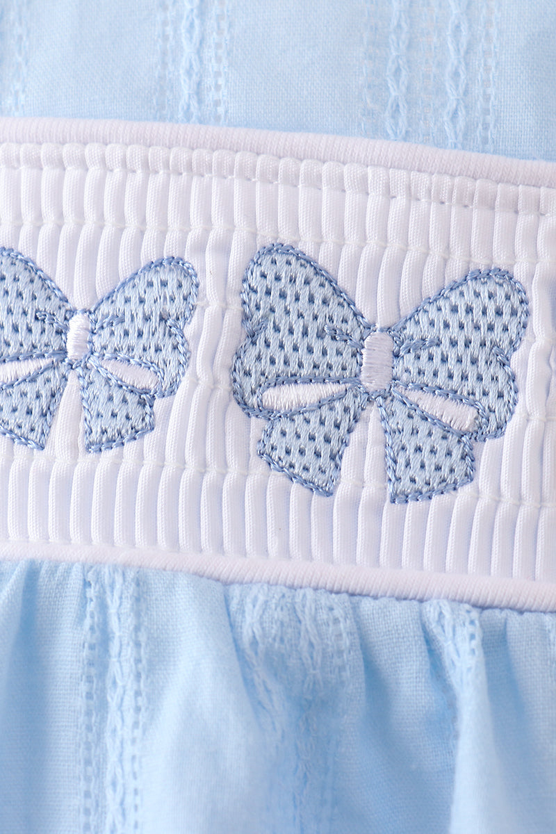 Blue Bow Smocked Embroidered Jacquard Bubble by Abby & Evie