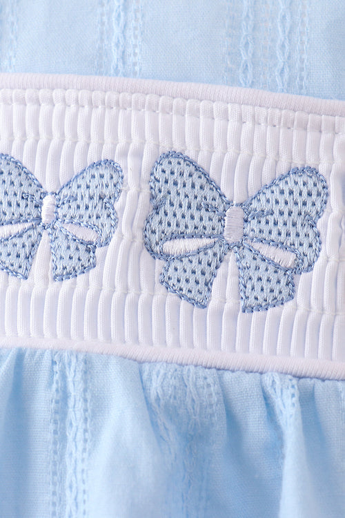 Blue Bow Smocked Embroidered Jacquard Bubble by Abby & Evie