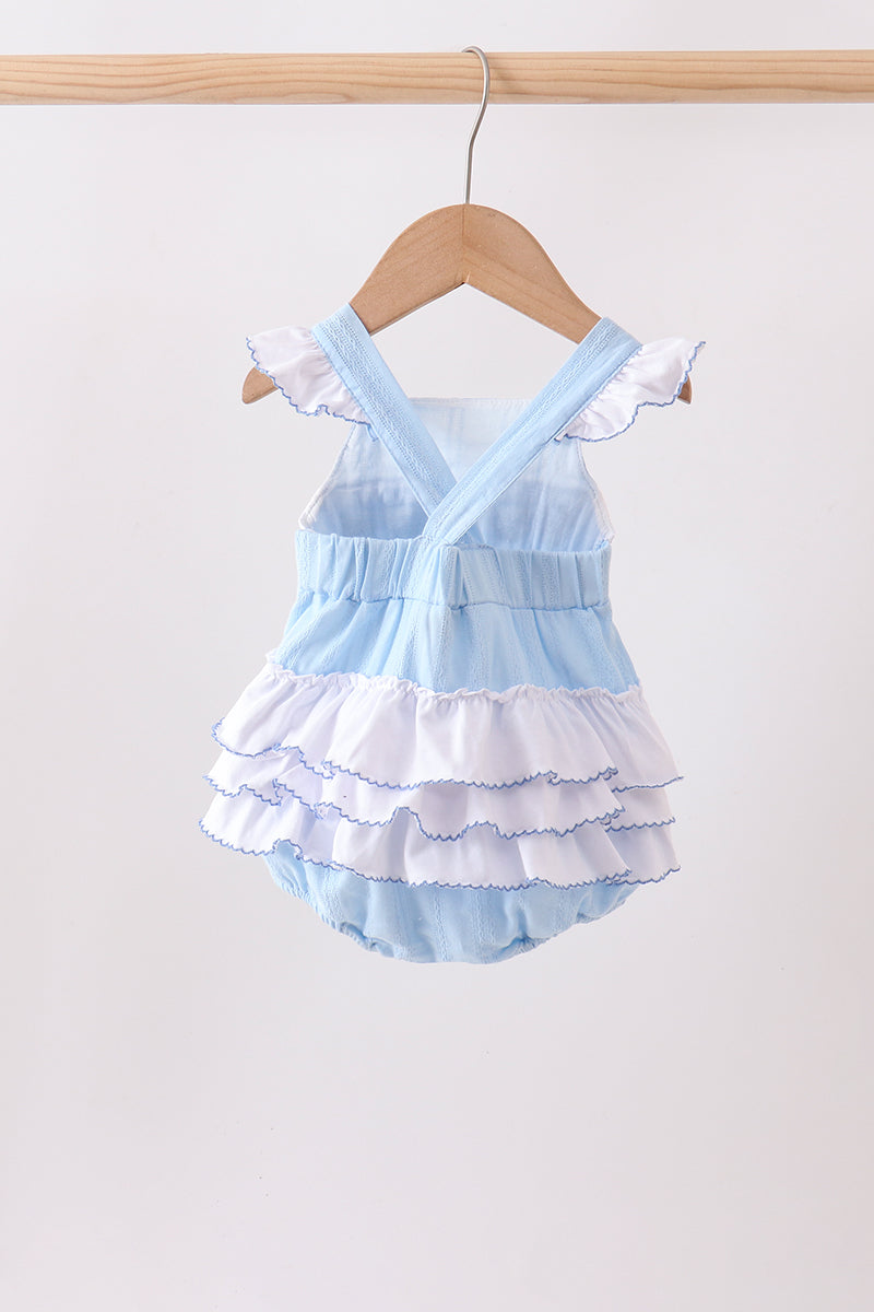 Blue Bow Smocked Embroidered Jacquard Bubble by Abby & Evie