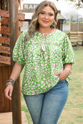Plus Size Abstract Leopard Tassel Tie Blouse