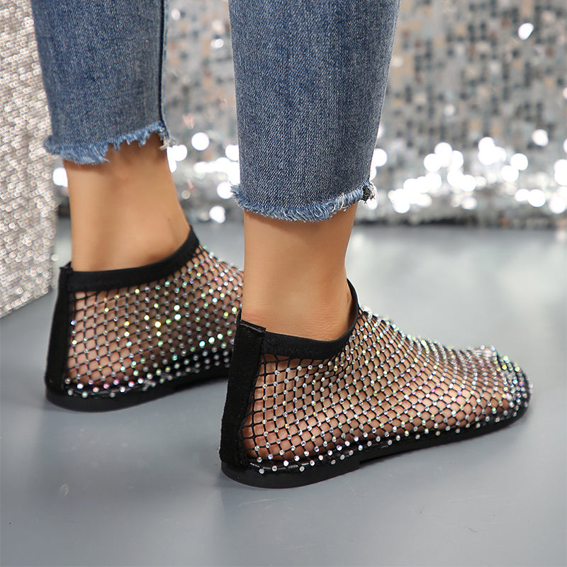 Women's Rhinestone Flat Sandals | Round Toe Mesh Summer Shoes by Sarah Express