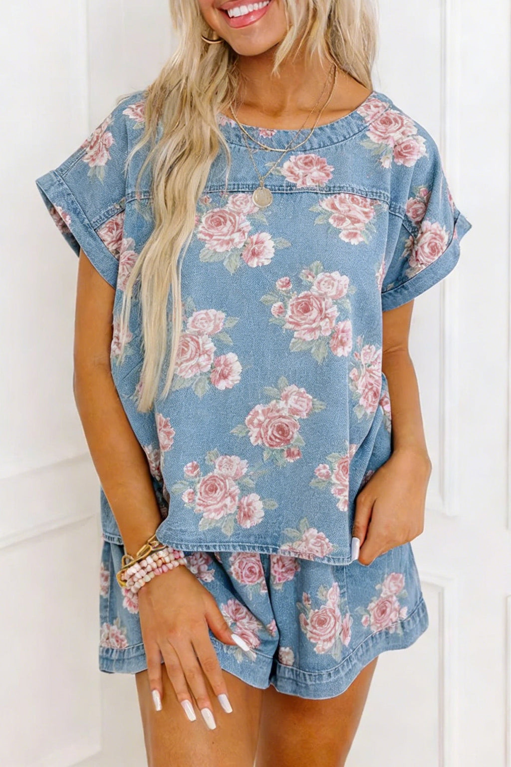 Floral Denim Short Sleeve Top & Loose Shorts Set
