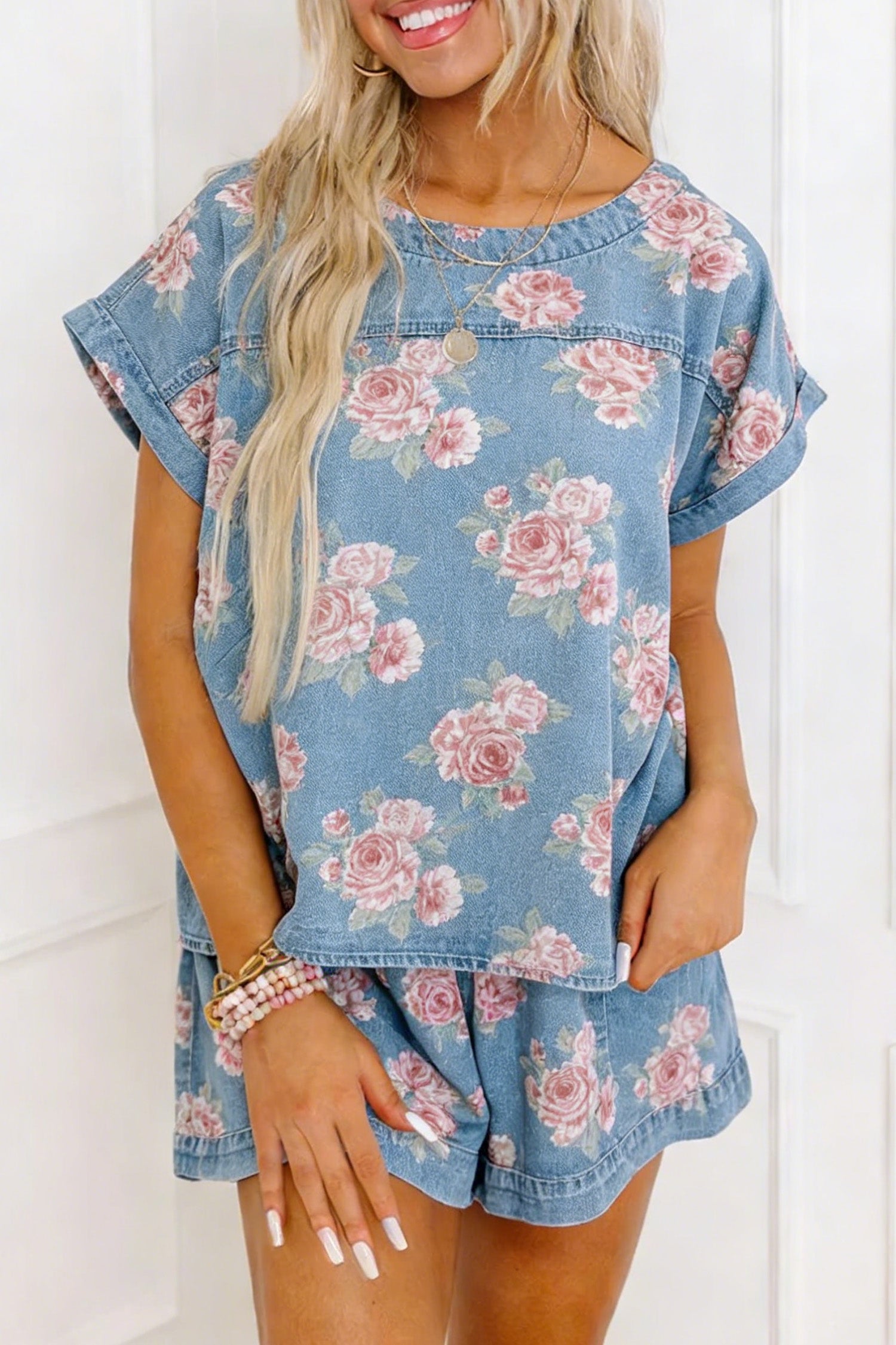Floral Denim Short Sleeve Top & Loose Shorts Set