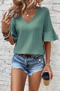 Grass Green Ruffled Half Sleeve V Neck Textured Top by Wild and Free Boutique
