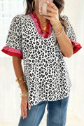 Leopard Ruffle Trim V-Neck Short Sleeve Blouse