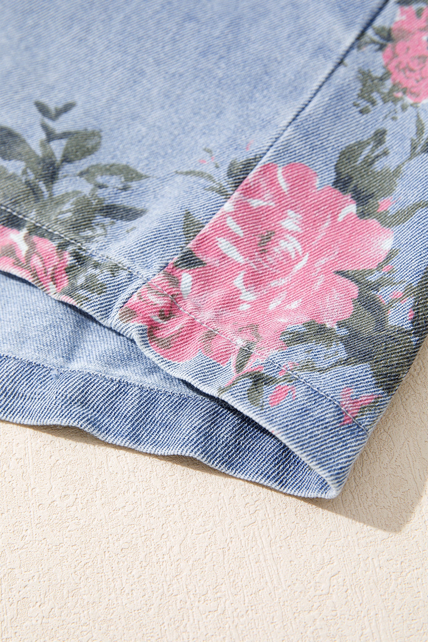 Floral Denim Cuffed Short Sleeve Buttoned Dress