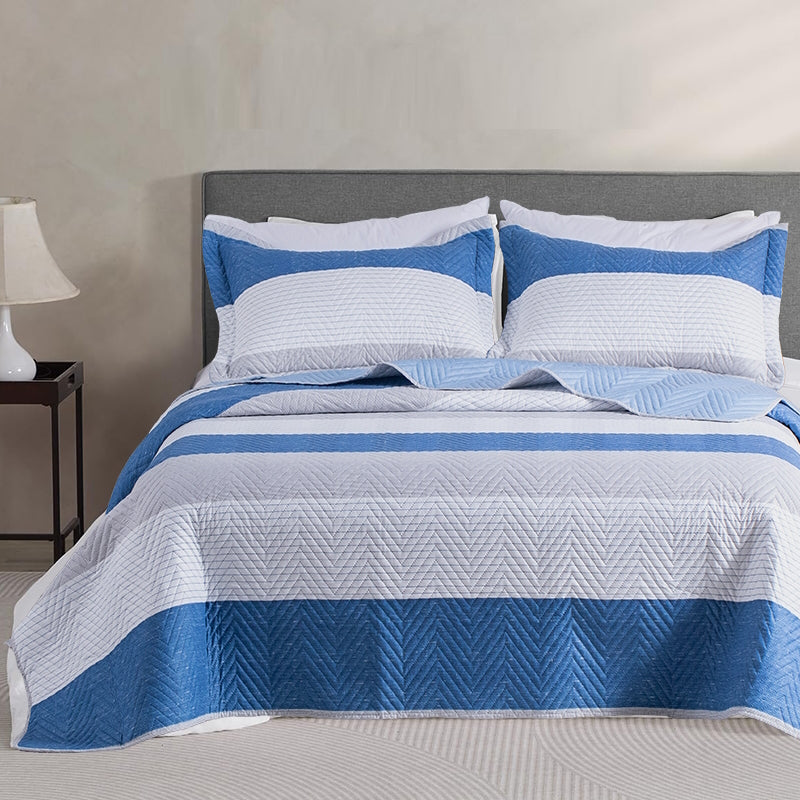 Kasentex Spring Lightweight Reversible Stripe Quilt Set Bedding- Sky Blue and Ivory White, Room Decor, Graduation Gifts, Father's Day Gift by Kasentex