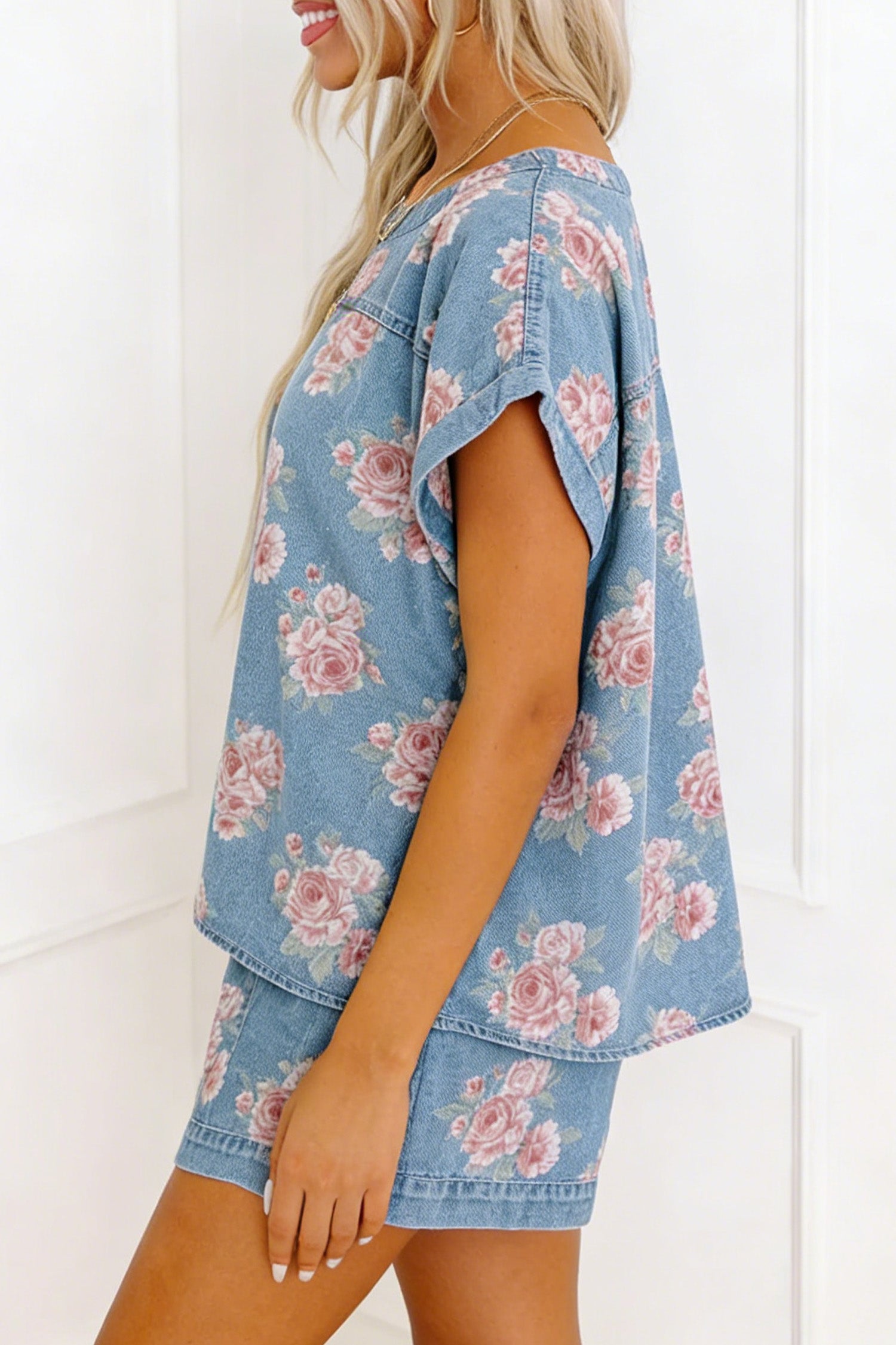 Floral Denim Short Sleeve Top & Loose Shorts Set