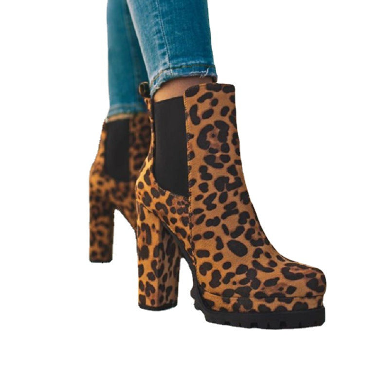 Women's Round-Toe Ankle Boots | Suede Leopard Print Square Thick High Heel by Sarah Express