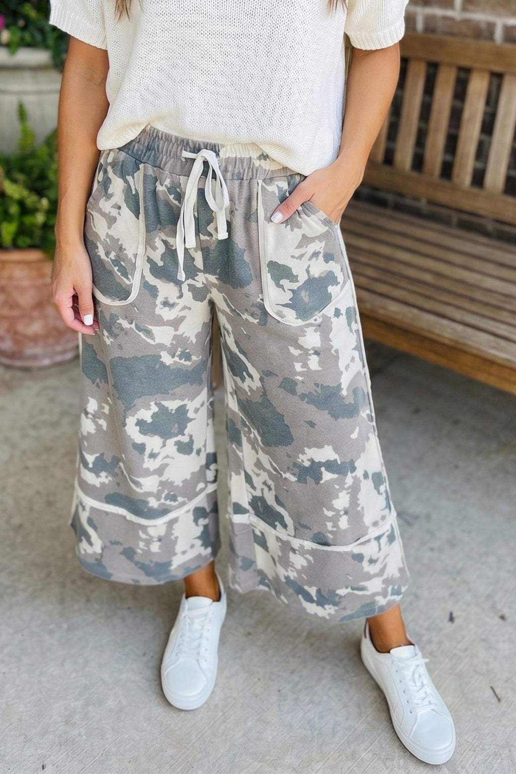 Camo Raw Edge Pocketed Drawstring Pants