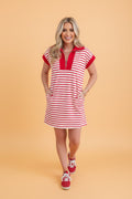 Stripe Quarter Zip Polo Collar T-Shirt Dress