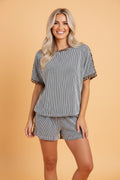 Leopard Trim Corded Knit Top & Shorts Set