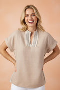 Crochet Lace Trim Rolled Short Sleeve Blouse