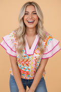 Boho Contrast Trim Patchwork Tiered Short Sleeve Blouse