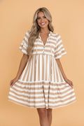 Stripe Tie V-Neck Ruffle Trim Mini Dress