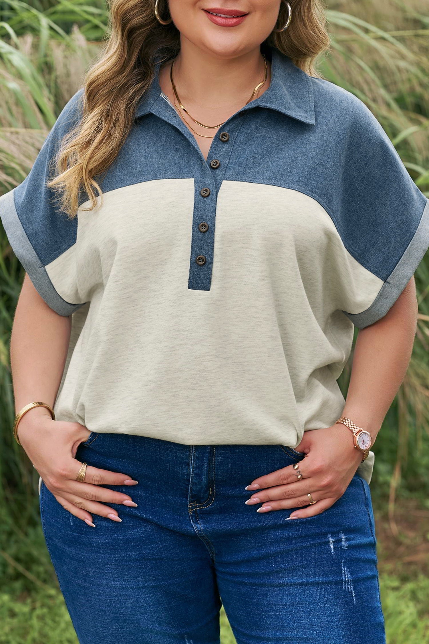 Plus Size Denim Patchwork Half Buttoned Collar Top