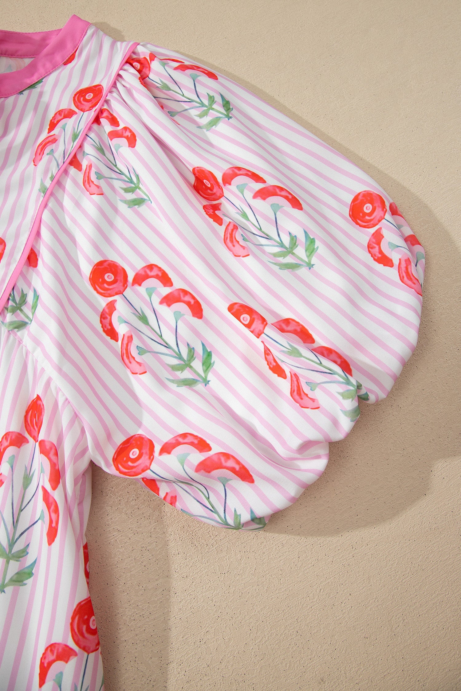 Floral Stripe Tie Neck Puff Sleeve Mini Dress