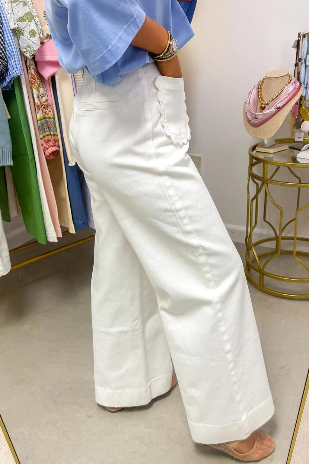 Solid Denim Scalloped Patch Pocket Shift Jeans