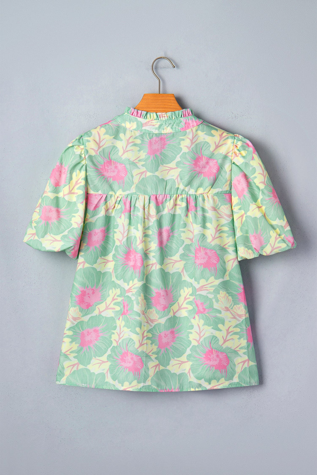 Floral Frilled V-Neck Bubble Sleeve Babydoll Blouse