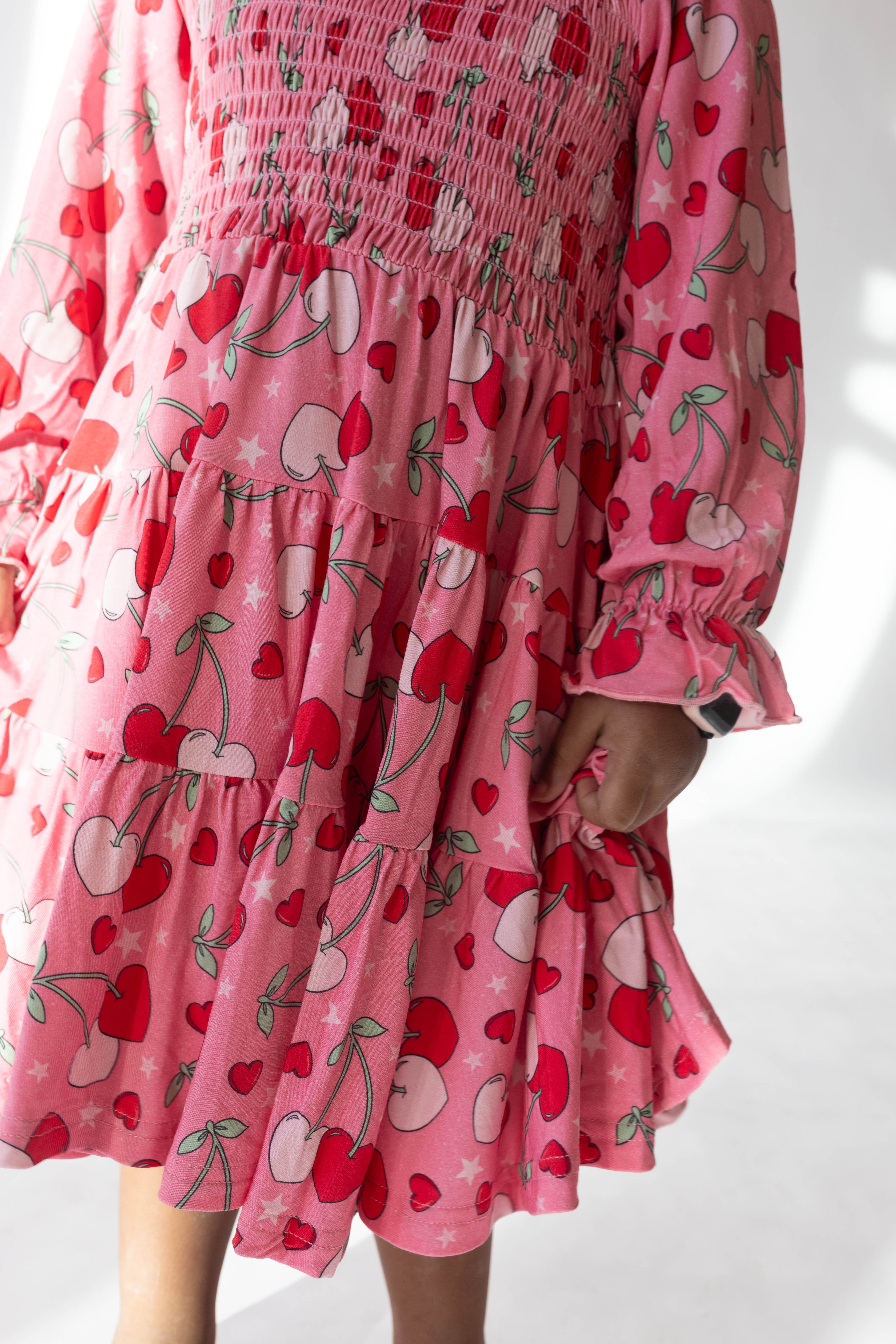 Cherry Hearts Long Sleeved Shirred Dress by HouseofHenry.co