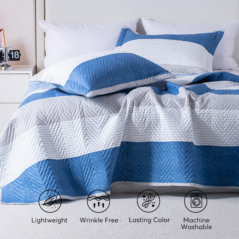 Kasentex Spring Lightweight Reversible Stripe Quilt Set Bedding- Sky Blue and Ivory White, Room Decor, Graduation Gifts, Father's Day Gift by Kasentex