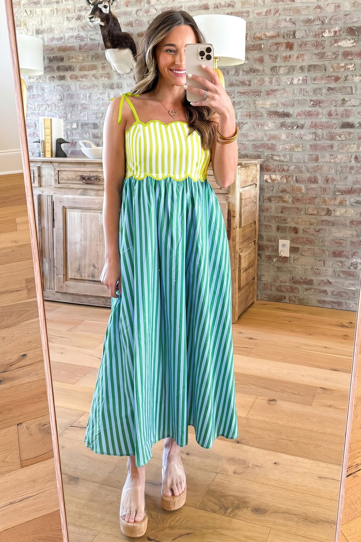Stripe Scalloped Contrast Patchwork Knot Strap Midi Dress