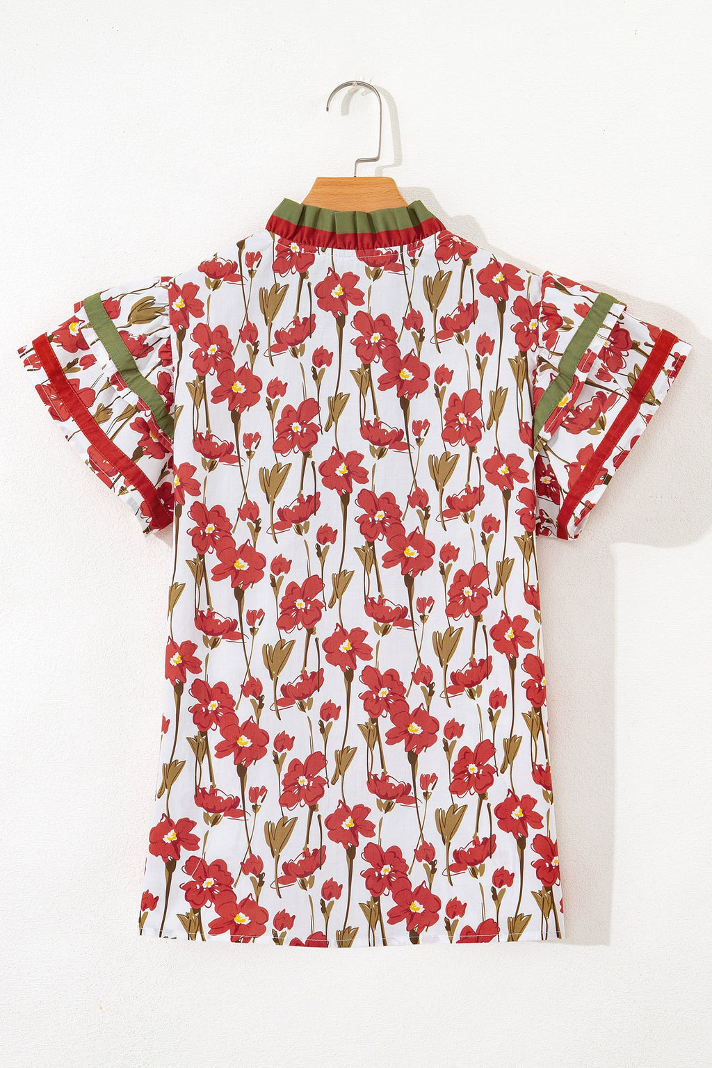 Floral Contrast Trim V-Neck Ruffle Short Sleeve Blouse