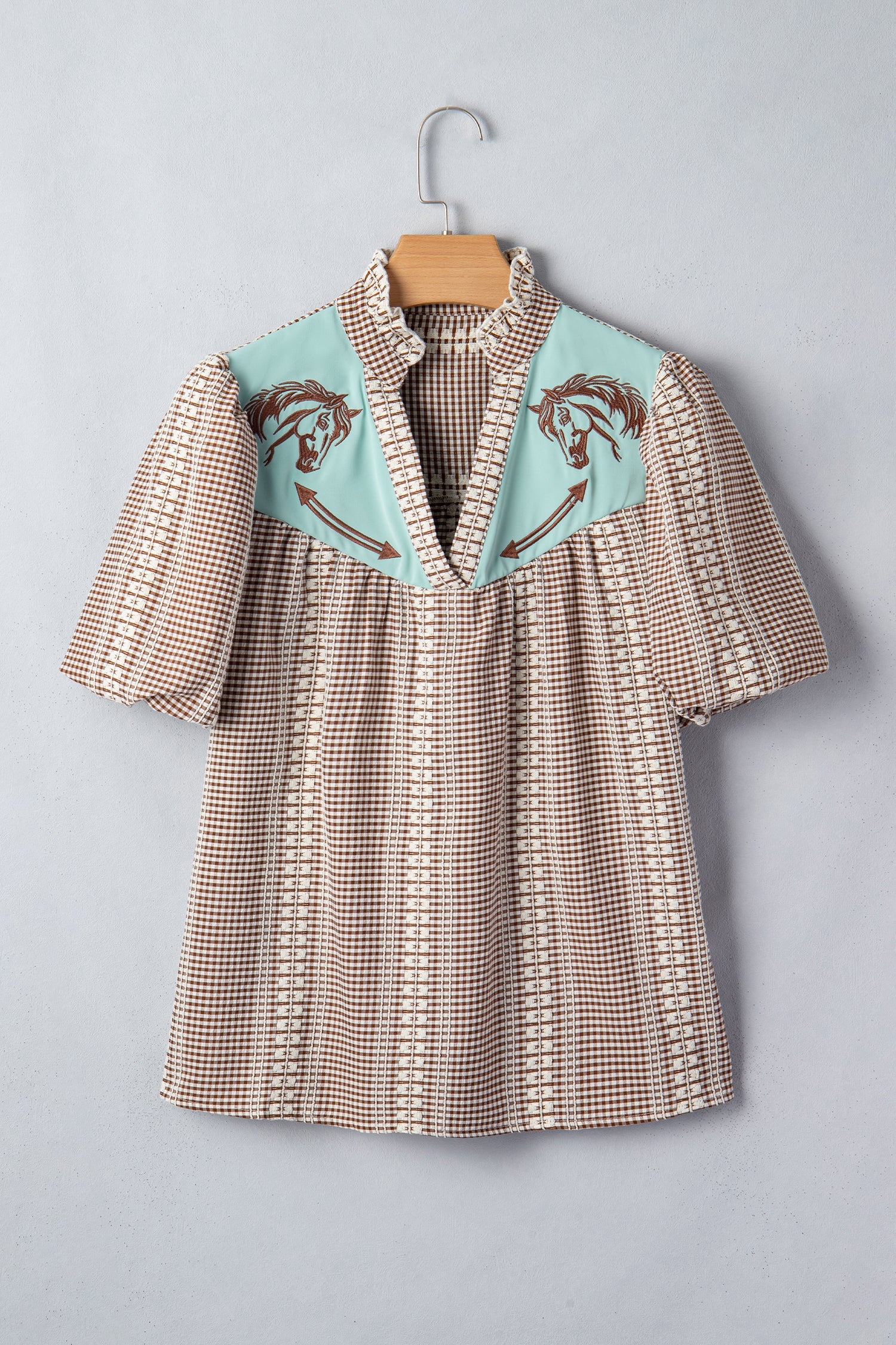 Western Pony Embroidered Gingham Puff Sleeve Blouse