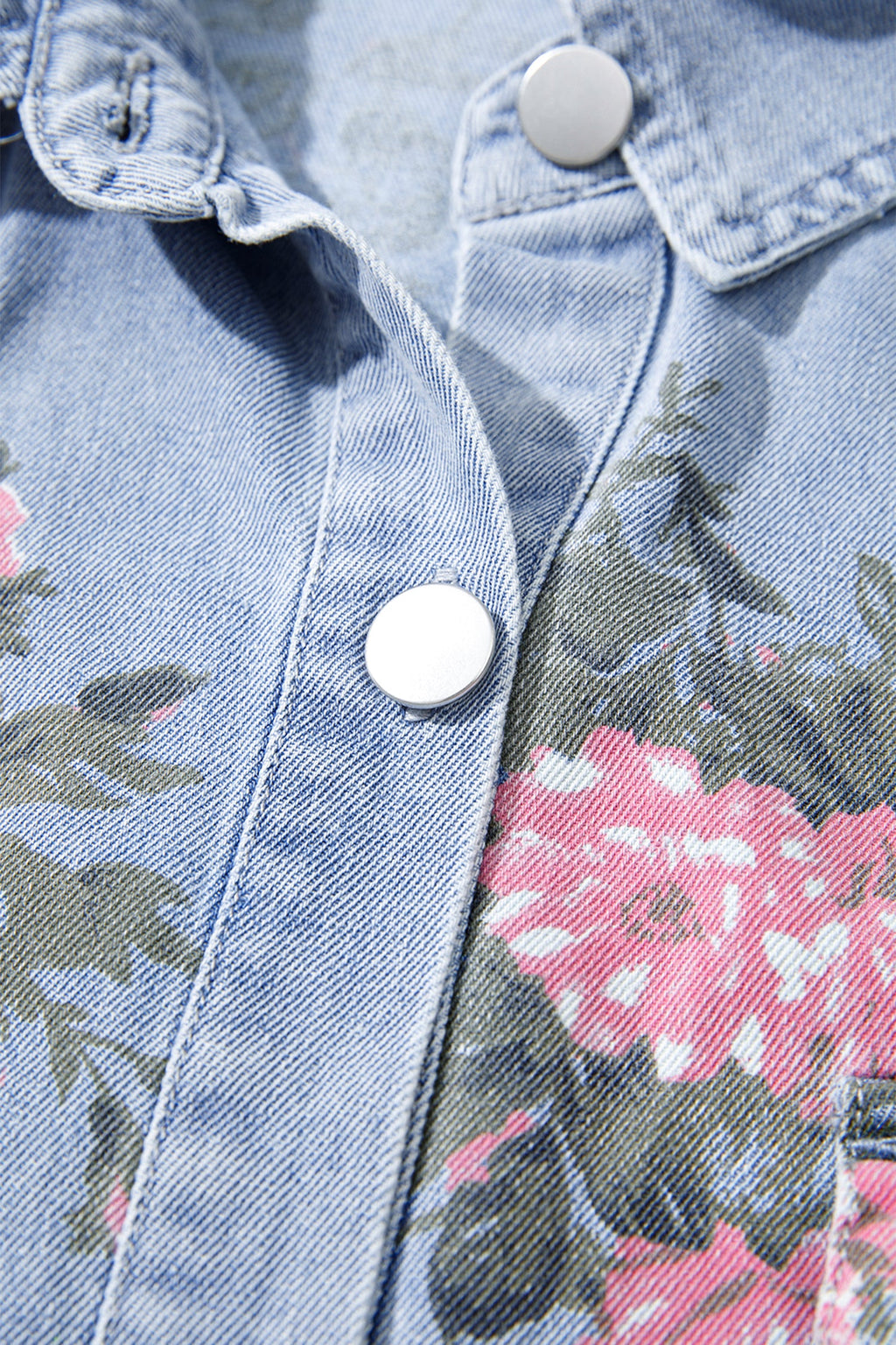 Floral Denim Cuffed Short Sleeve Buttoned Dress