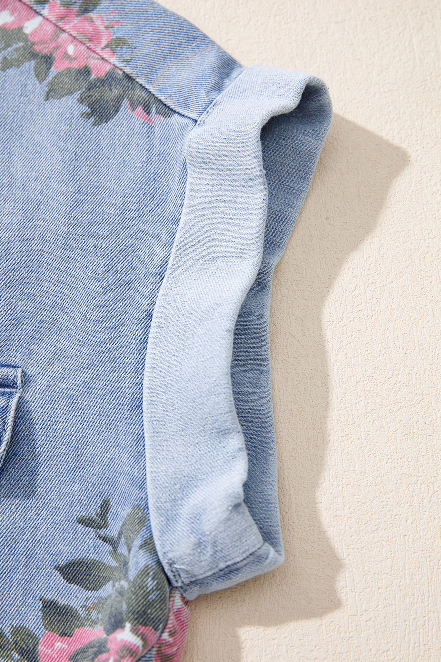 Floral Denim Cuffed Short Sleeve Buttoned Dress