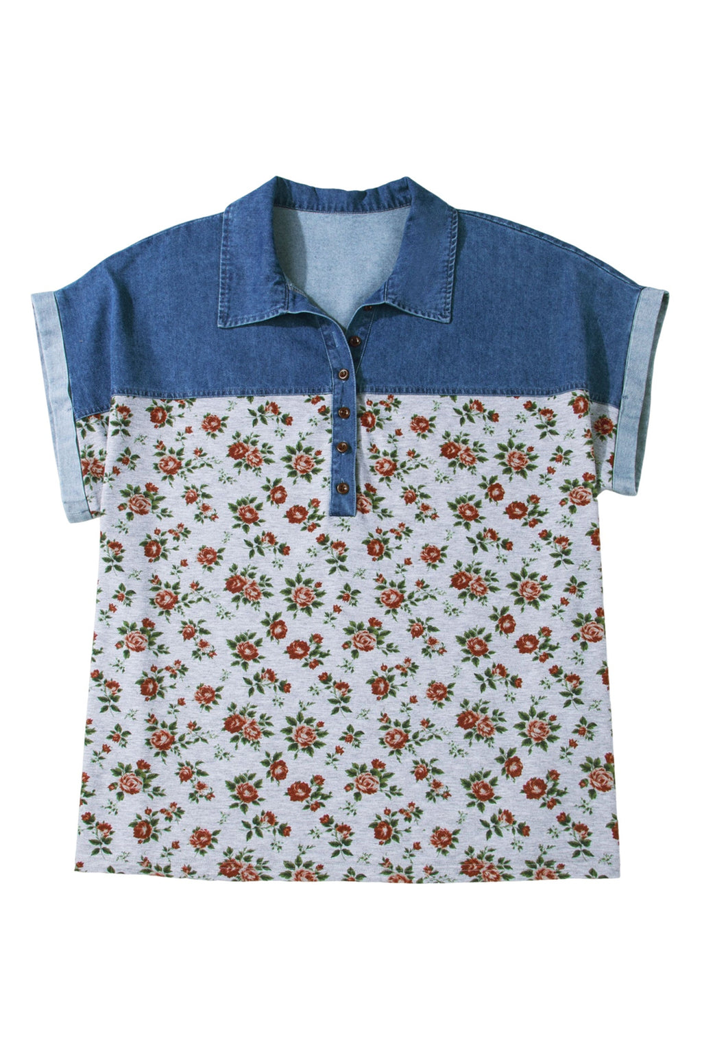 Plus Size Floral Denim Patchwork Polo Tee