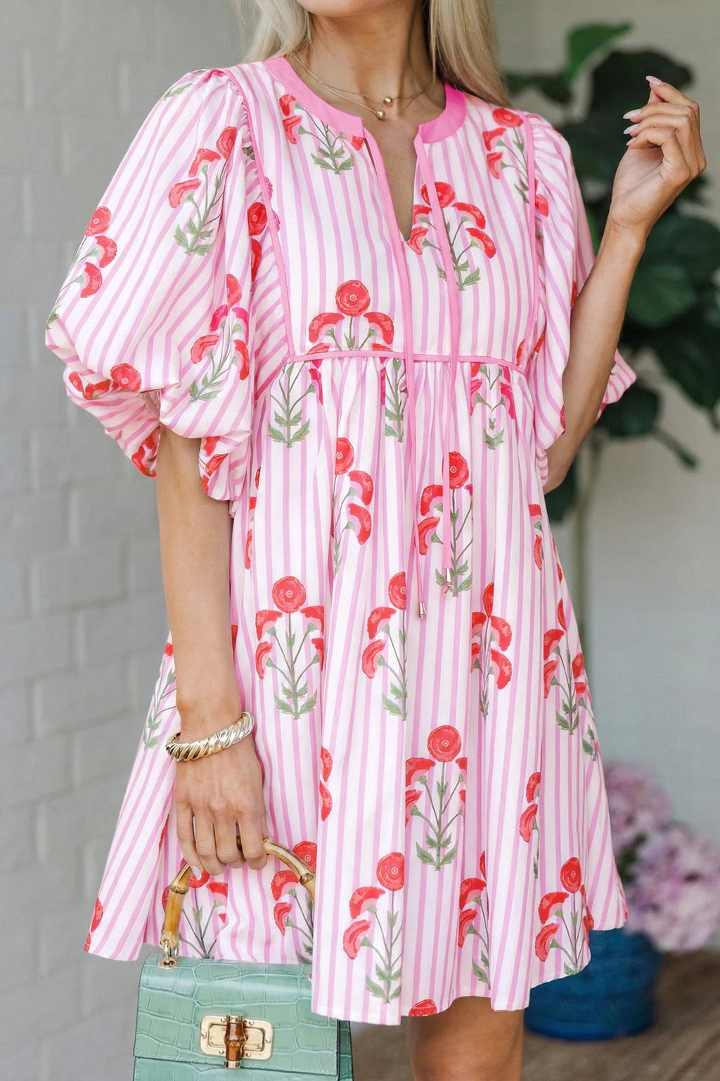 Floral Stripe Tie Neck Puff Sleeve Mini Dress