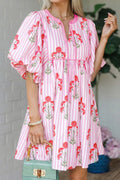 Floral Stripe Tie Neck Puff Sleeve Mini Dress