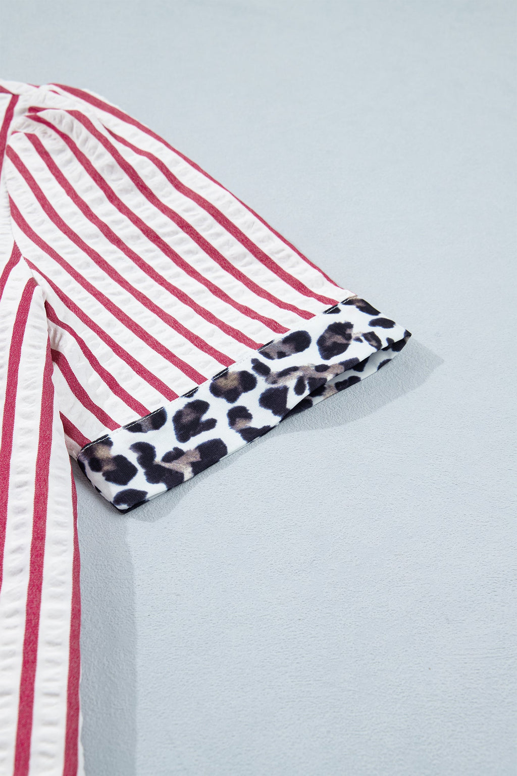 Stripe Leopard Contrast Trim Collared Blouse