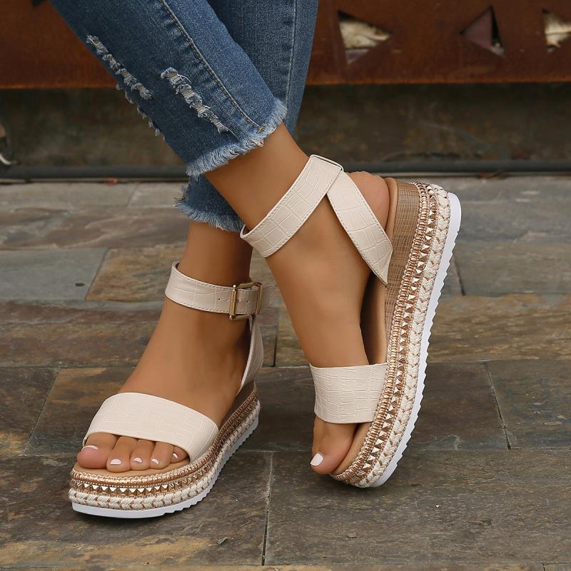 Women's Buckle Strap Hemp Wedge Platform Sandals | Open-Toe Summer Peep-Toe Shoes by Sarah Express