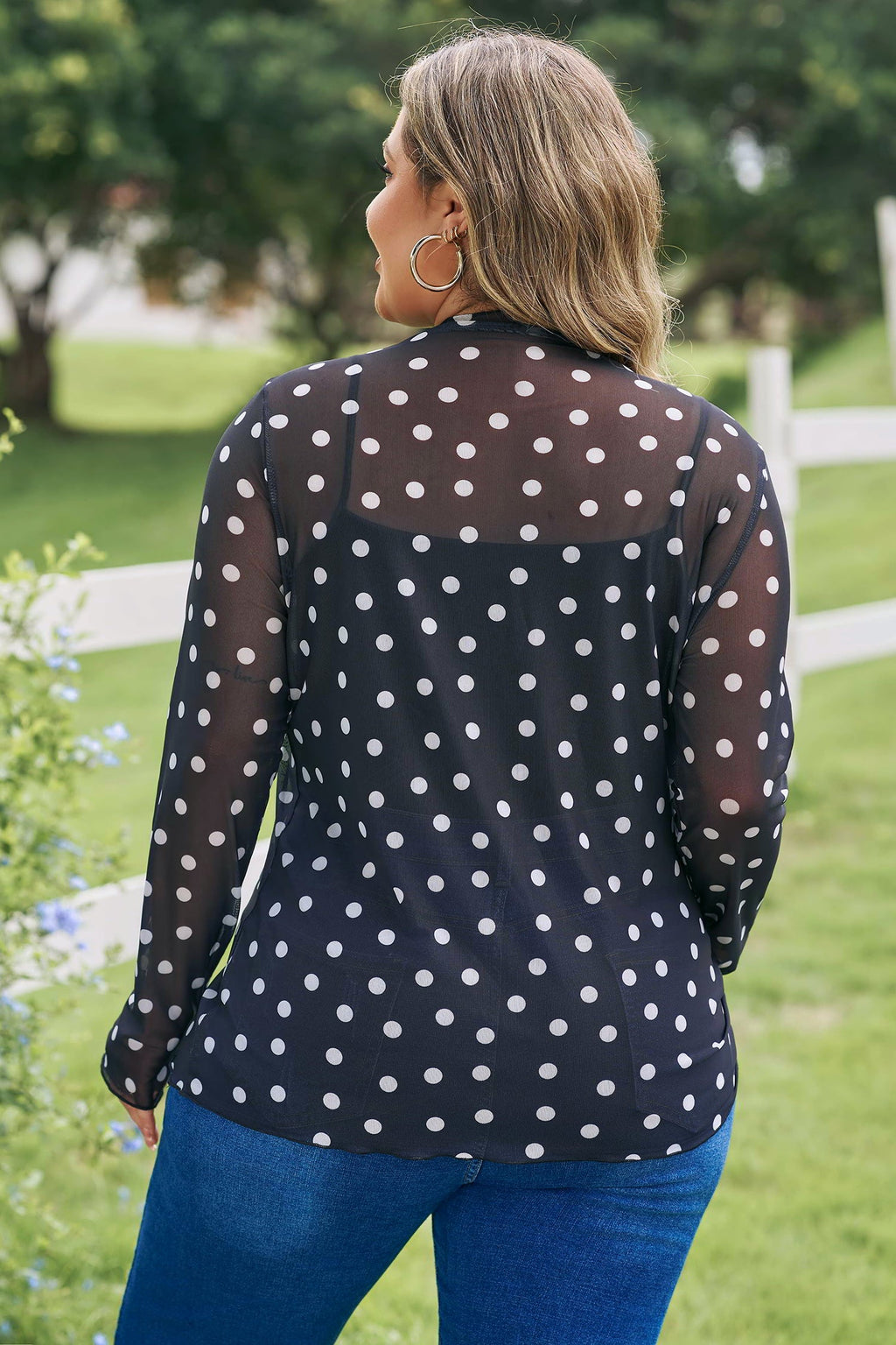 Plus Size Polka Dot Mesh Mock Neck Top