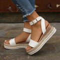 Women's Buckle Strap Hemp Wedge Platform Sandals | Open-Toe Summer Peep-Toe Shoes by Sarah Express