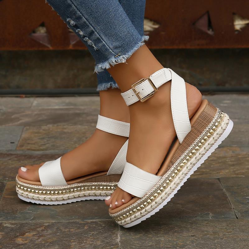 Women's Buckle Strap Hemp Wedge Platform Sandals | Open-Toe Summer Peep-Toe Shoes by Sarah Express