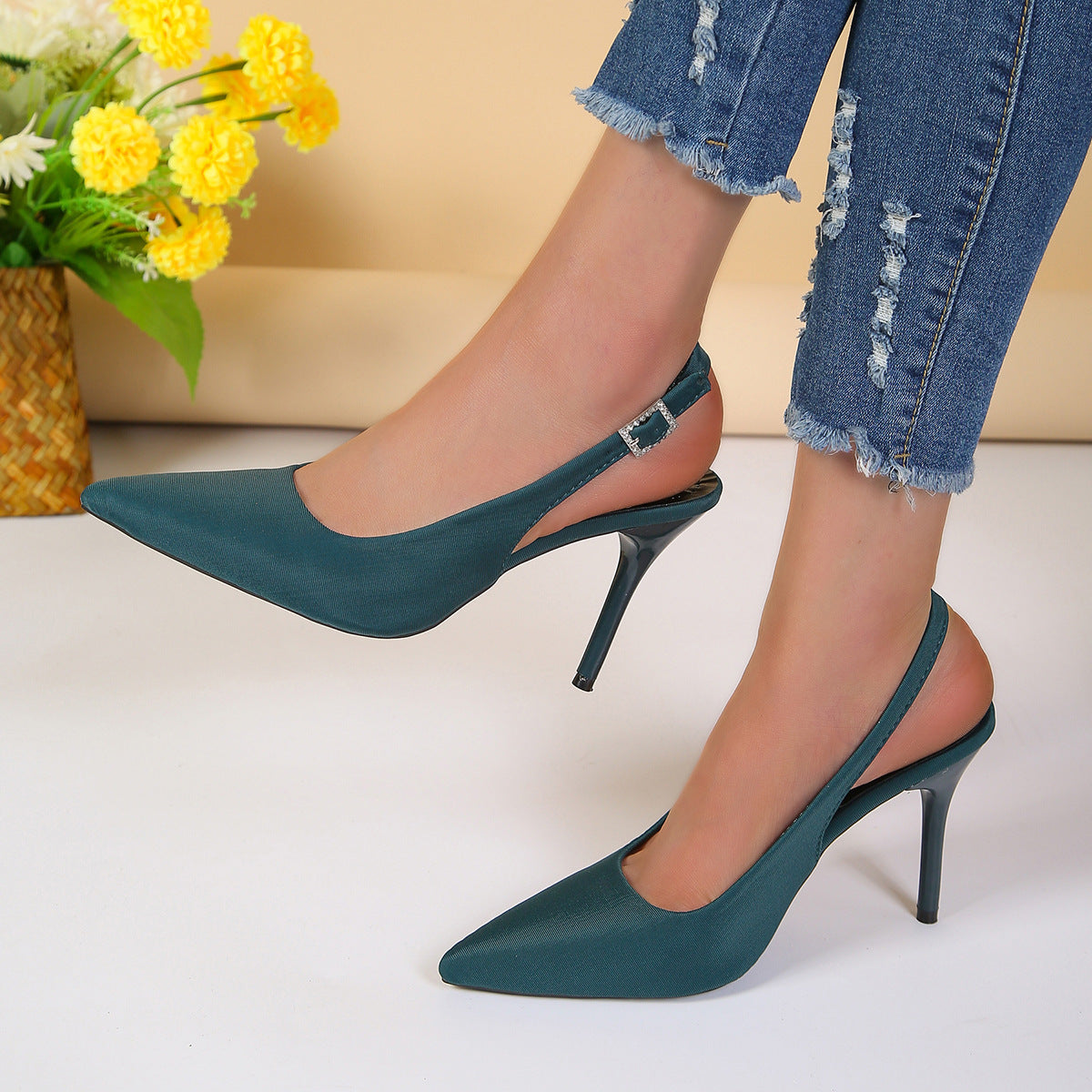 Women's Pointed Toe Buckle Stiletto Sandals | PU Upper Open-Toe High Heels by Sarah Express