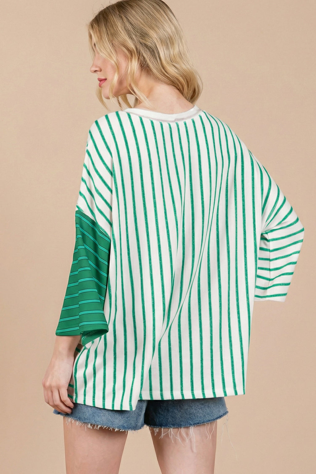 Stripe Colorblock 3/4 Sleeve Loose Tee