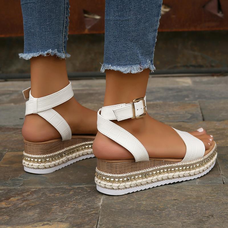 Women's Buckle Strap Hemp Wedge Platform Sandals | Open-Toe Summer Peep-Toe Shoes by Sarah Express