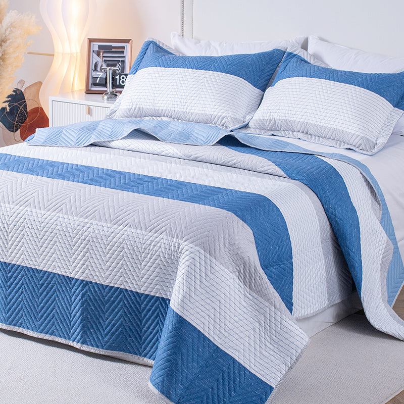 Kasentex Spring Lightweight Reversible Stripe Quilt Set Bedding- Sky Blue and Ivory White, Room Decor, Graduation Gifts, Father's Day Gift by Kasentex