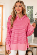 Stripe Thumbhole Sleeve Side Slit Drop Shoulder Hoodie