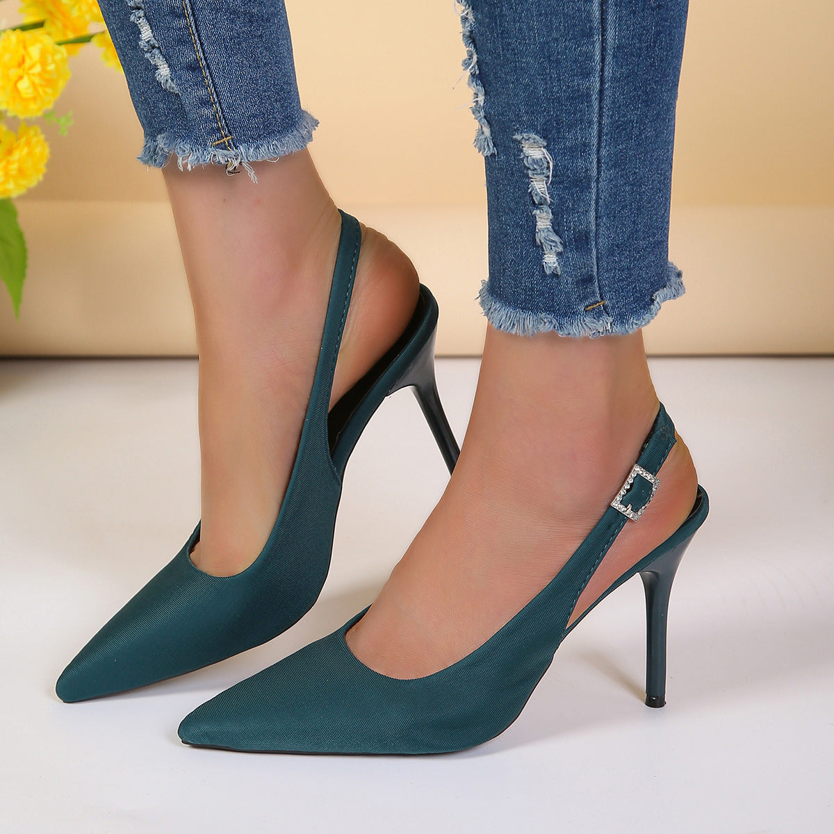 Women's Pointed Toe Buckle Stiletto Sandals | PU Upper Open-Toe High Heels by Sarah Express