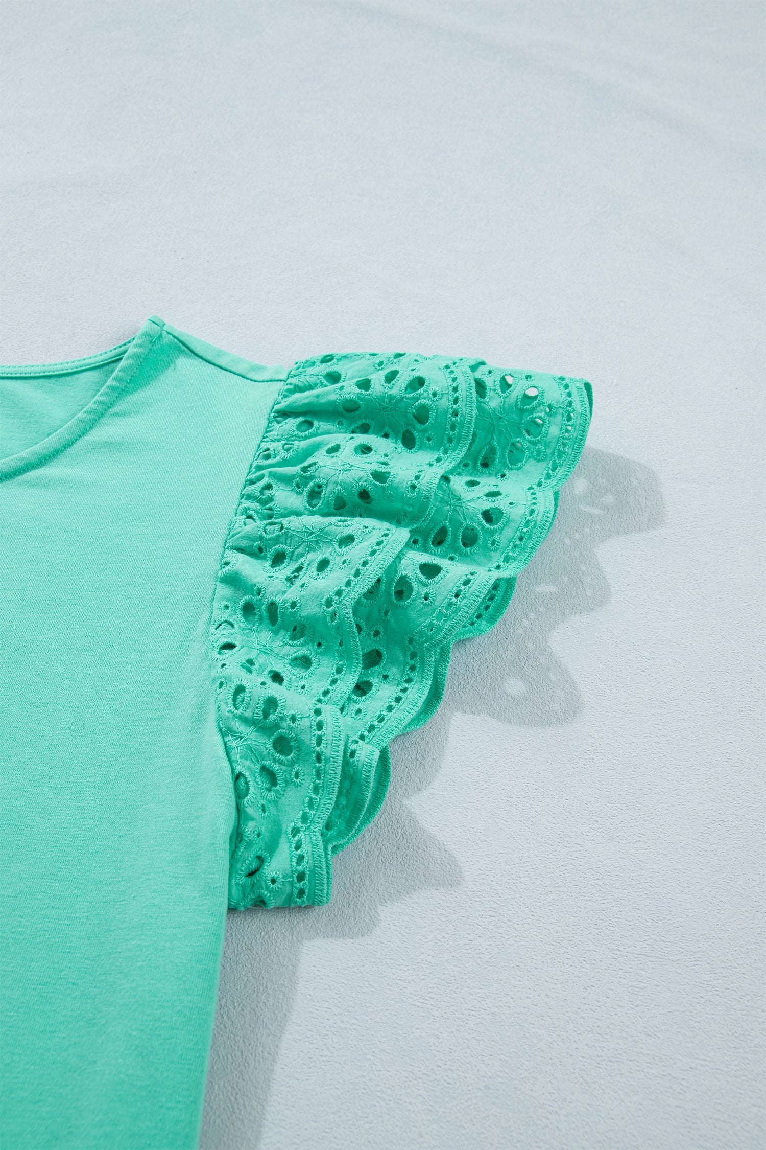 Solid Eyelet Lace Ruffle Cap Sleeve Top