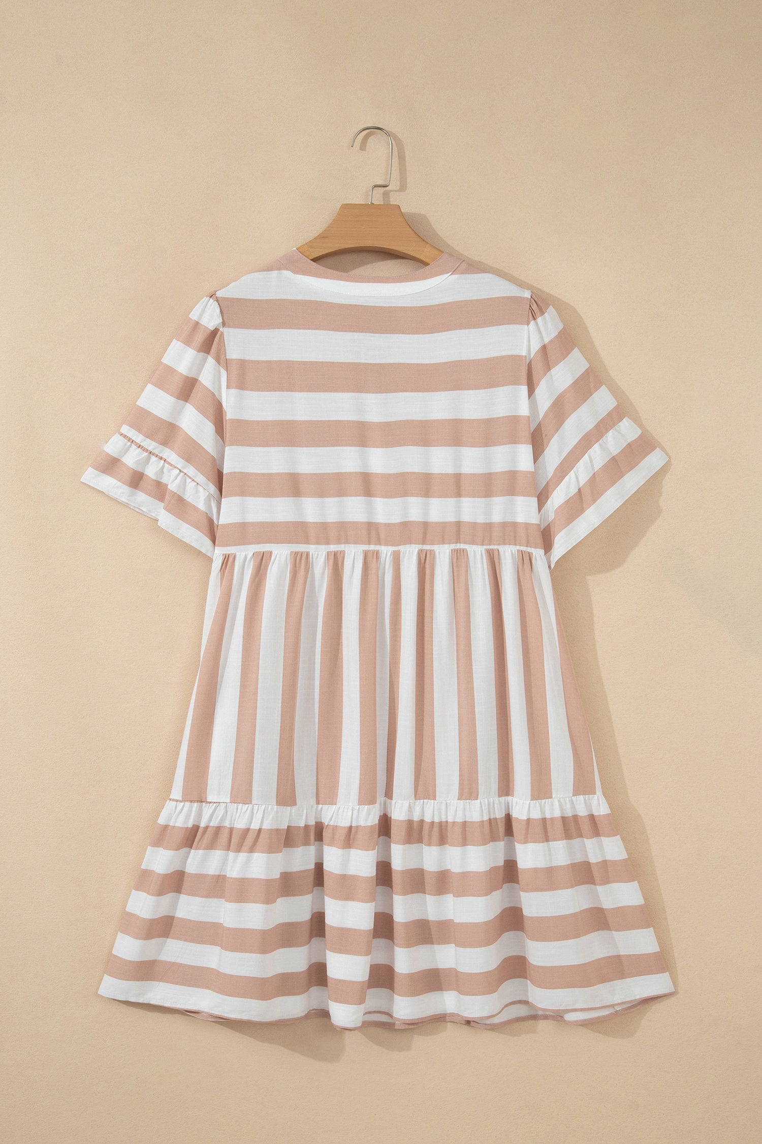 Stripe Tie V-Neck Ruffle Trim Mini Dress