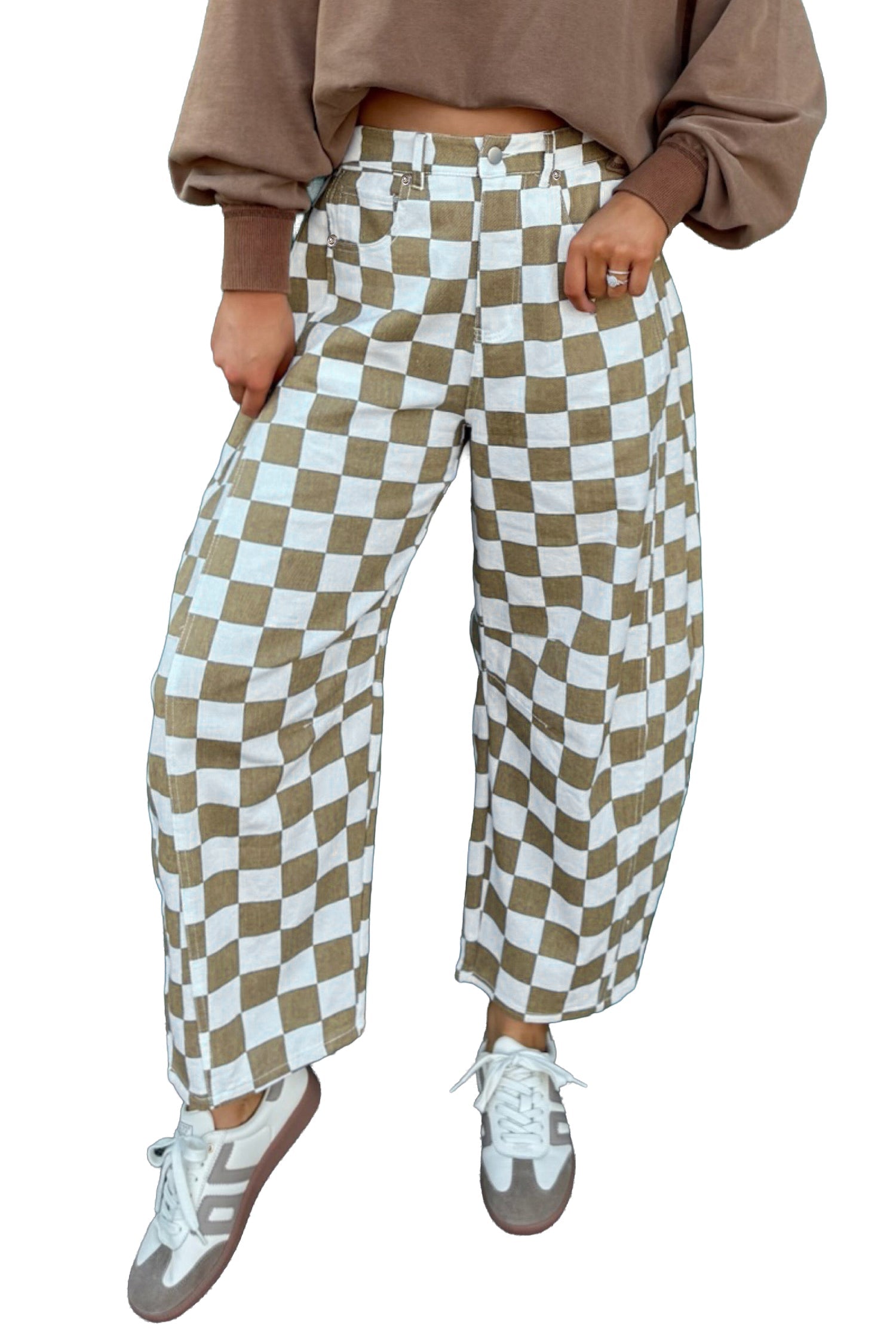 Checker Denim Barrel Leg Pants